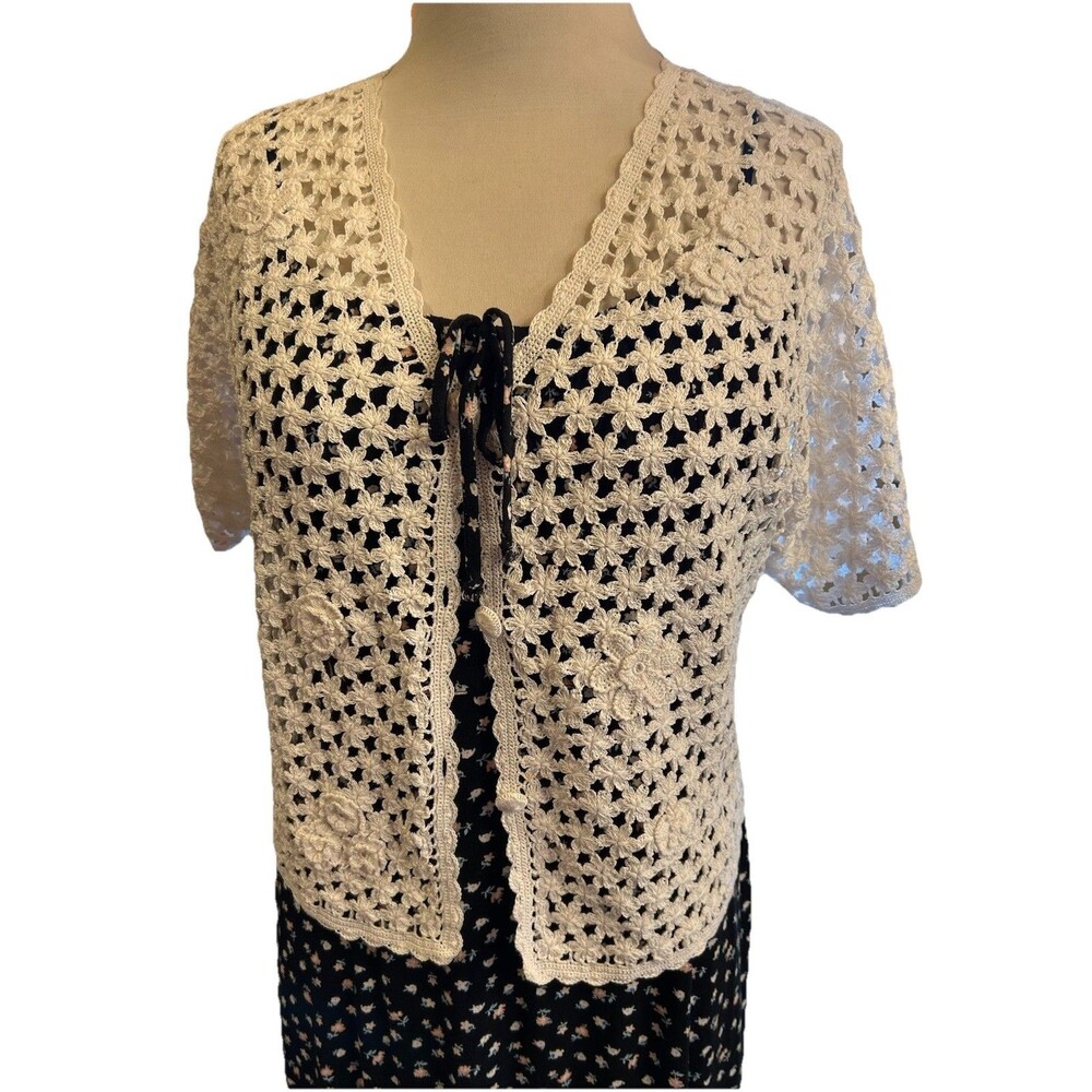 Vintage April Cornell Crochet Sweater Cardigan Sz Medium Cottagecore Dainty Boho - Picture 4 of 12